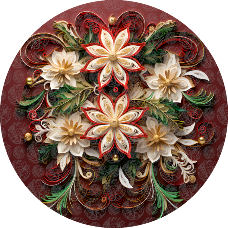 paper art floral quilled poinsettia and cream flowers on deep red circular design, Grey Barn Handwerk, Saskatchewan.